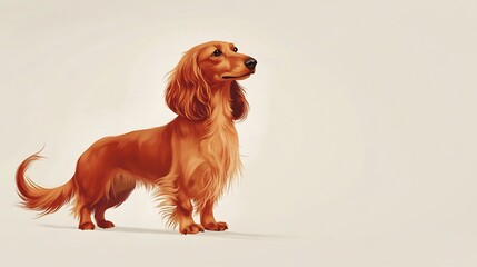 Majestic Longhaired Dachshund stands proudly against soft beige background Rich red fur glows gently in warm light. AI Generated