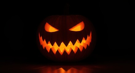Halloween pumpkin, jack-o'-lantern, glowing orange, sinister face, menacing grin, dark background, eerie, spooky atmosphere, sharp teeth, carved pumpkin