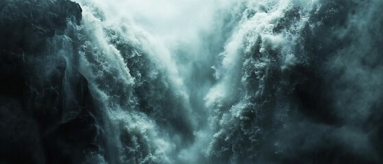 Moody teal waterfall powerfully cascades between dark cliffs a dramatic composition. AI Generated