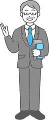 本を持って案内するベテランのビジネスマン／先生の全身イラスト
