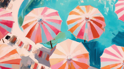 Naklejka premium contemporary above view painting of a retro style Palm Springs resort with umbrellas, chairs, pool, and palm trees using muted pastel colors