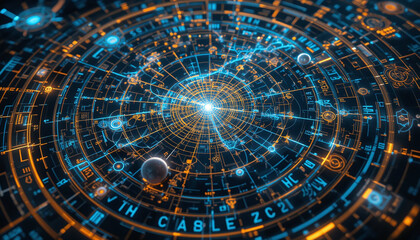 An ancient astronomy map transforms into a modern digital interface, showcasing constellation lines and holographic displays. 