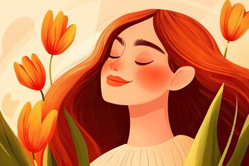 Celebrate the spirit of women on March 8 with a vibrant card showcasing a joyful woman surrounded by blooming flowers, symbolizing strength and beauty