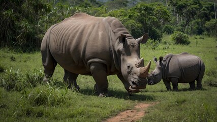 Obraz premium Javan Rhinoceros in Conservation Area: Safeguarding Wildlife in Protected Wilderness