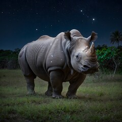 Fototapeta premium Nighttime Serenity: Javan Rhinoceros Strolling Under a Starry Sky