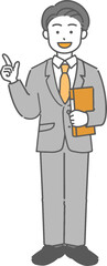 ファイルを持って指差しする若いビジネスマン／先生の全身イラスト
