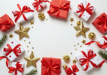 Christmas gifts, red and white presents, gold star ornaments, red ribbons, festive decorations, white background, holiday flatlay, shiny metallic