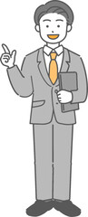 ノートパソコンを持って指差しする若いビジネスマン／先生の全身イラスト