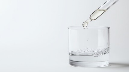 A dropper releasing liquid into a glass, illustrating scientific experimentation or research with clear, clean visuals.