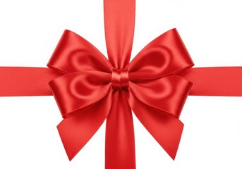 Red satin gift bow, glossy ribbon, symmetrical loops, festive decoration, bright crimson color, white background, centered composition