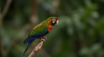 Naklejka premium Vibrant Green-winged Macaw Perched on Branch