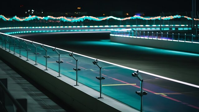 empty evening scene futuristic racetrack with glass railing and neon light decoration