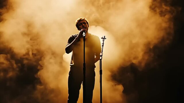 Solo Singer on Stage in Smoky Ambiance, Illuminated by Spotlights