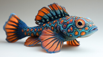 Fototapeta premium Vibrant mandarin fish with orange and blue spotted scales, detailed fins, and large expressive eyes, isolated on a light gray background.
