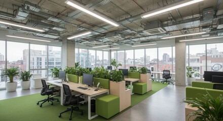 Modern open office space, large windows, natural light, indoor plants, ergonomic chairs, computer workstations, minimalist design