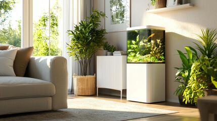 modern fish tank enhances wellness inspired living space, surrounded by greenery and natural light. serene atmosphere promotes relaxation and tranquility