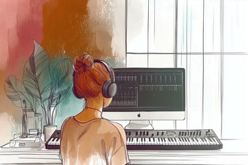 POV Illustration of Music Production at a Desktop Workstation