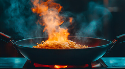 A vibrant wok of noodles cooks over a flame, creating an enticing display of steam and fire in a modern kitchen setting.