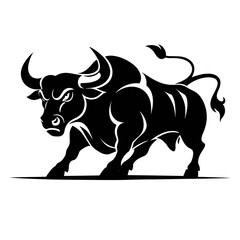 A bold black-and-white silhouette illustration of a charging bull, showcasing strength and determination. The clean and dynamic design highlights the bull's muscular form and aggressive posture