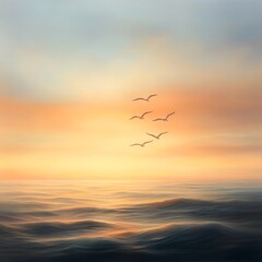 Naklejka premium Birds Flying Over Calm Ocean at Sunset