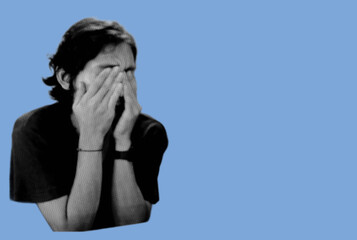 close up of man covering his face with hands pixelate grayscale color halftone dotted texture style collage element isolated on blue background