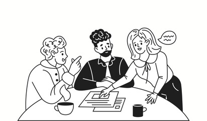 Business partners discussing contract at round table linear icon. Businesswoman explains charts to men characters doodle illustration