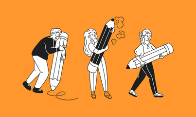 Creative people hold oversized pencils linear icons collection. Young artists engage in creativity doodle characters on orange background © ApoevArt