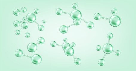 Collagen molecules floating realistic color icons set. Protein dynamics in scientific research and cosmetics 3d objects bundle on green