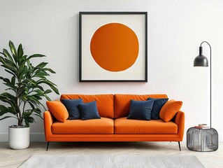 Modern interior design lifestyle cozy apartment bright orange sofa minimalist space casual atmosphere home concept