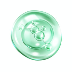 Green transparent serum drop featuring collagen molecules realistic vector illustration. Luxurious cosmetic for skincare 3d object on white