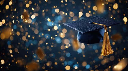 A navy blue graduation cap with gold tassel, amidst golden confetti. Perfect for celebrating academic achievements, graduation announcements, or educational themes.