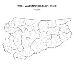 Obraz premium Administrative Map of Warmian-Masurian Voivodeship (Warmińsko-Mazurskie) with Municipality Areas (Obszary Gmin), Municipalities (Gminy), and Counties (Powiaty) as of 2025 - Poland (Polska) Vector Map