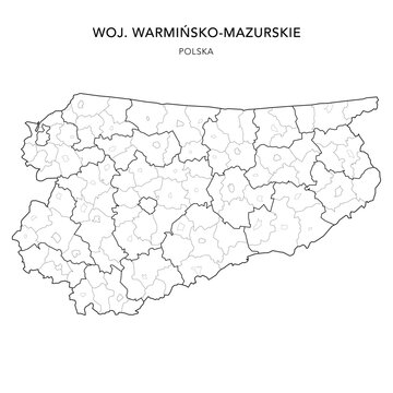 Administrative Map of Warmian-Masurian Voivodeship (Warmińsko-Mazurskie) with Municipality Areas (Obszary Gmin), Municipalities (Gminy), and Counties (Powiaty) as of 2025 - Poland (Polska) Vector Map