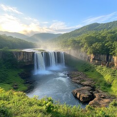 Fototapeta premium Majestic Waterfall in Lush Green Valley