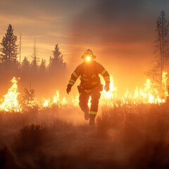 Firefighter battling wildfire at sunset.