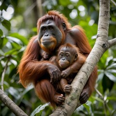 Naklejka premium Nurturing Care: Tapanuli Orangutan Mother with Her Curious Baby