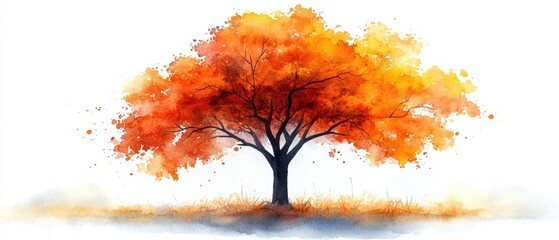 Vibrant Autumn Tree with Bright Orange Leaves on White Background
