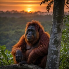 A tranquil jungle scene with a Tapanuli Orangutan gazing out over the sunset-lit forest