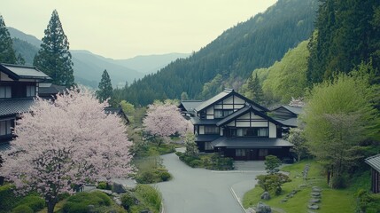 Fototapeta premium Serene Japanese Mountain Village Spring Blossom Houses