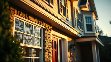 Captivating Golden Hour View of a Luxurious Suburban Home: Architectural Details and Landscaping