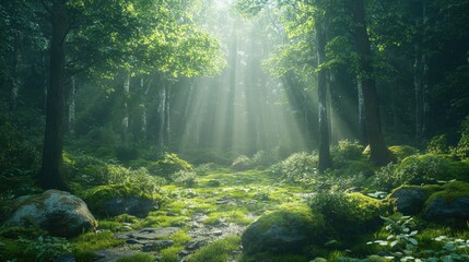 Obraz premium Sunbeams Illuminating a Mystical Forest Path