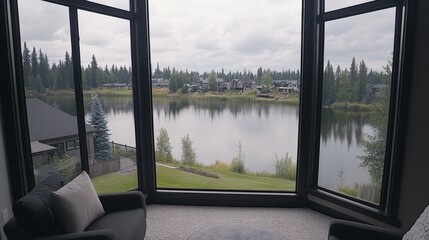 Serene Lakeside Home Interior View with Window Seat