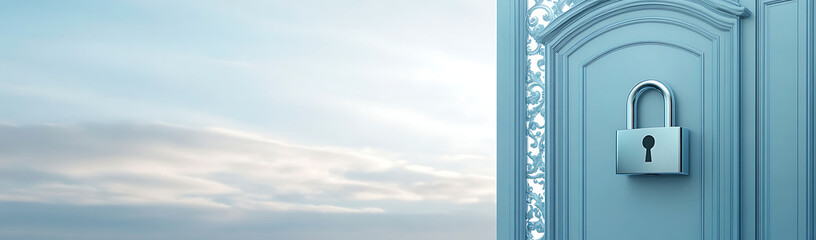 Obraz premium Padlock Securing Door Against Cloudy Sky, Symbol of Safety and Privacy