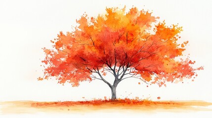 Vibrant Autumn Tree with Bright Orange Leaves in Watercolor Style
