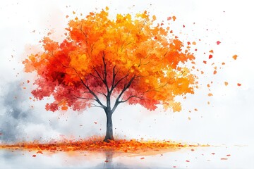 Vibrant Autumn Tree with Orange Leaves in Scenic Nature Background