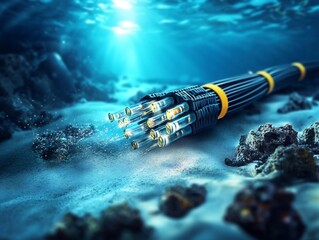 Ocean floor cable glows brightly underwater sunlight illuminates deep sea fiber optic technology. AI Generated