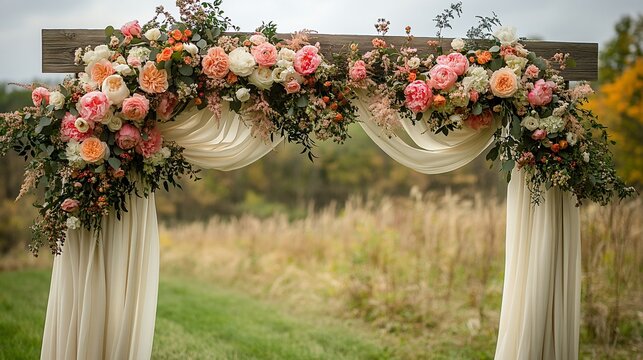 Rustic wooden wedding arch decorated with peach and coral roses, greenery, and flowing ivory fabric.