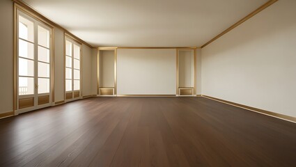 Fototapeta premium Minimalist gold empty room with large window and wooden floor