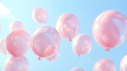 Pink balloons float in sunny sky; celebration