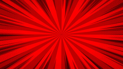 Red background with rays and halftone dots. Vector illustration.